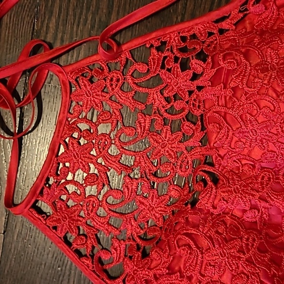 Red Lace Satin Halter Crop Top Women's 1 Sexy Romantic Party Elevated Casual - Picture 3 of 10